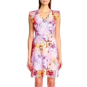 Elie Tahari Telene Size 8 Eyelet‎ Watercolor Dress E18F3606 NEW